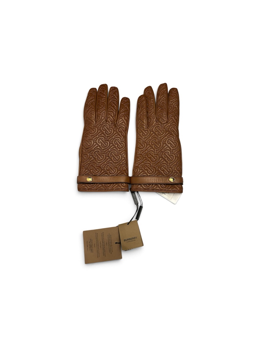 Burberry TB Quilting Chestnut Brown Embossed Leather Gloves w/ Gold Detail-NWT